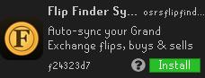 Flip Finder Sync listed on the RuneLite Plugin Hub, with its gold icon and the green Install button